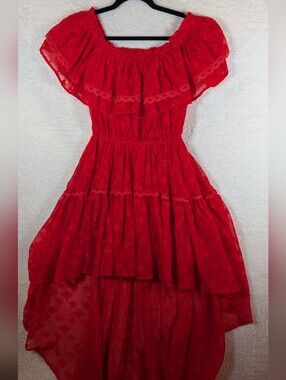 Aeom Red Off-Shoulder Tiered Hi-Low Dress